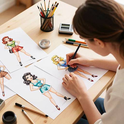 Photograph of a woman with brown hair, wearing glasses and a white shirt, drawing colorful, cartoon-style female characters on a wooden table, surrounded by