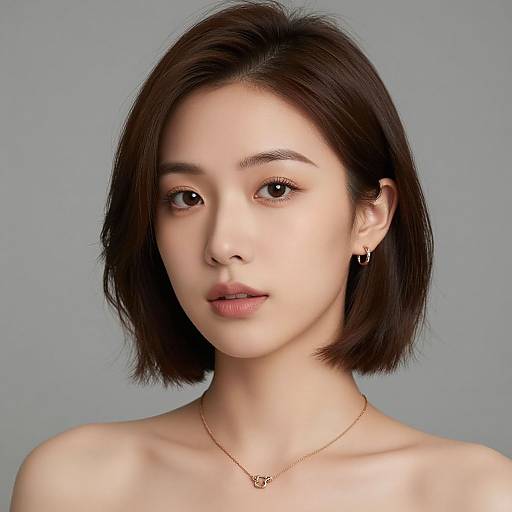 Photorealistic portrait of an Asian woman with fair skin, short black hair, brown eyes, subtle makeup, gold necklace, small hoop earrings, and
