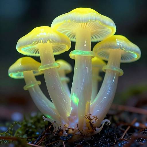 Photograph of glowing yellow-green mushrooms with translucent stems, illuminated in a dark, forested background, surrounded by moss and small twigs.