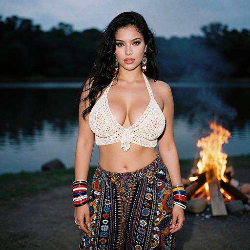 Photograph of a curvy woman with long dark hair, wearing a white crochet halter top and colorful patterned skirt, standing by a campfire