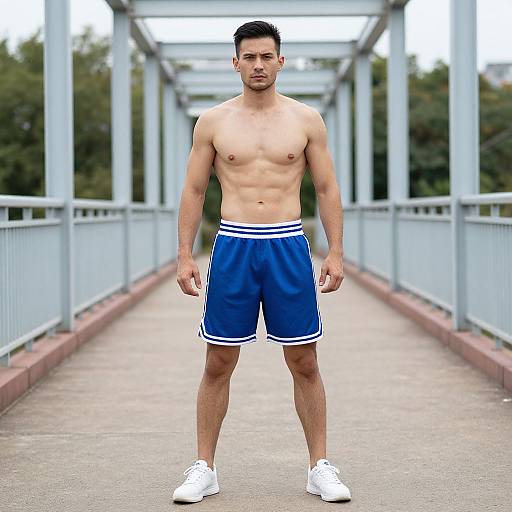 Photograph of a muscular, shirtless Asian man with short black hair, wearing blue athletic shorts and white sneakers, standing on a bridge.