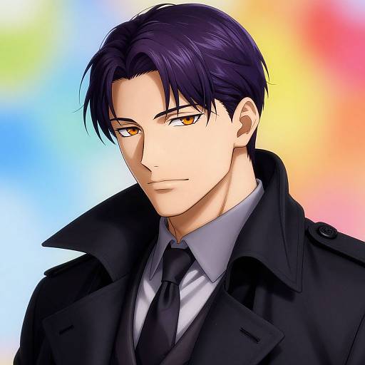 Digital anime-style portrait of a handsome young man with dark purple hair, amber eyes, wearing a black coat, white shirt, and black tie, against