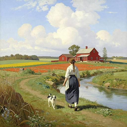 Woman in white blouse and blue skirt walks along a grassy path with a black and white dog, approaching a red barn in a colorful, sunlit