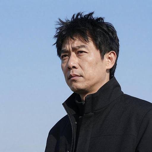 Serious Asian Man Against Blue Sky