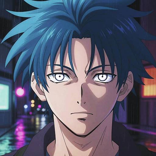 Digital anime-style portrait of a blue-haired, pale-skinned young man with glowing white eyes, standing in a rainy, neon-lit city street at