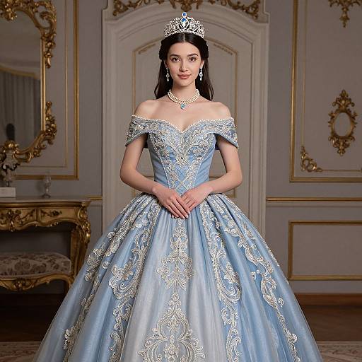 Photograph of a young Asian woman with long black hair, wearing an off-the-shoulder, light blue, embroidered ball gown and silver tiara
