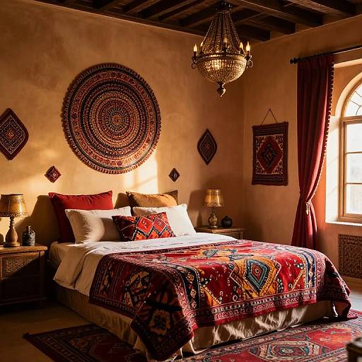 Cozy, sunlit bedroom with a Southwestern theme: ornate tapestries, colorful bedspread, rustic chandelier, and red curtains.