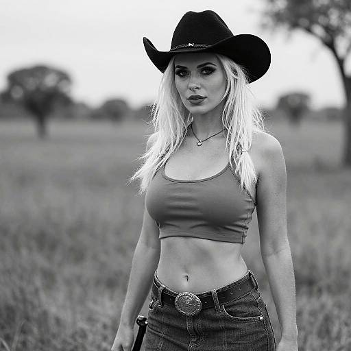 Black-and-white photograph of a blonde woman in a crop top and cowboy hat, standing in a grassy field, wearing jeans with a belt buckle.