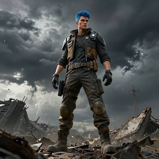 Photograph-style digital artwork of a muscular, blue-haired man in tactical gear, standing amid a ruined, debris-filled battlefield under a stormy sky.
