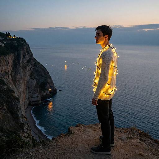 Photograph of a young man with short dark hair, wearing a white sweater and dark pants, standing on a cliff at dusk, illuminated by string lights