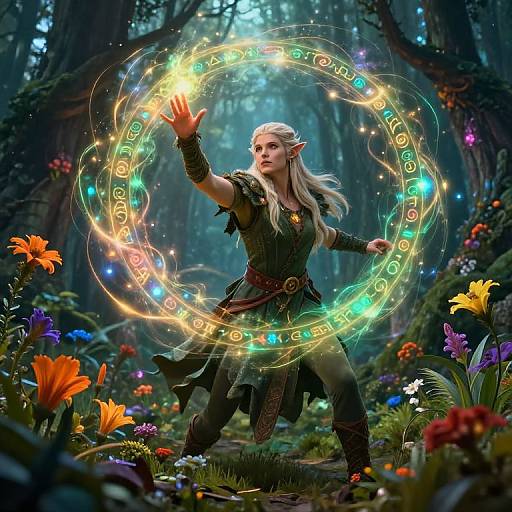 Digital fantasy artwork of an elven mage with long white hair, casting a colorful magical circle in a vibrant forest filled with multicolored flowers.