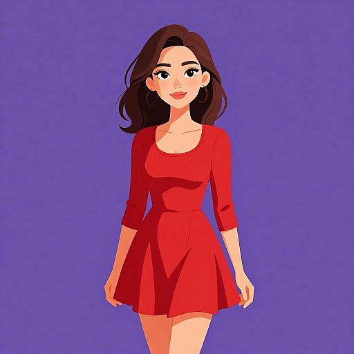 Digital illustration of a smiling woman with long brown hair, wearing a red dress, standing against a solid purple background.