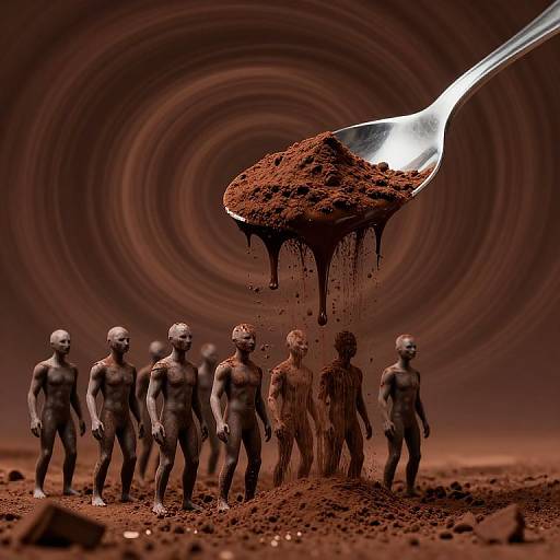 Eerie Spoon-Headed Procession Beneath Chocolate Sky