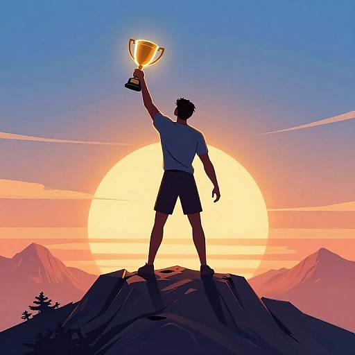 Silhouetted man with short hair, wearing a T-shirt and shorts, stands on a rock, holding a trophy, against a vibrant sunset with