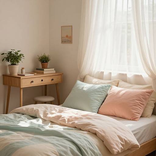 Bright, sunlit bedroom with pastel-colored bedding, wooden nightstand, potted plants, and framed picture; soft light filters through sheer curtains.