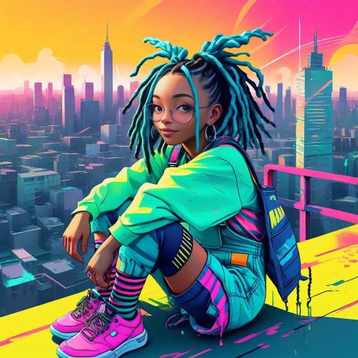 Whimsical Neon Dreadlocked Character Illustration