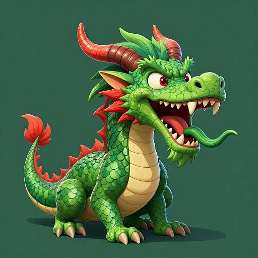 Cartoon green dragon with red horns, scales, and frills, wide-eyed and roaring, on a dark green background. Digital art style.