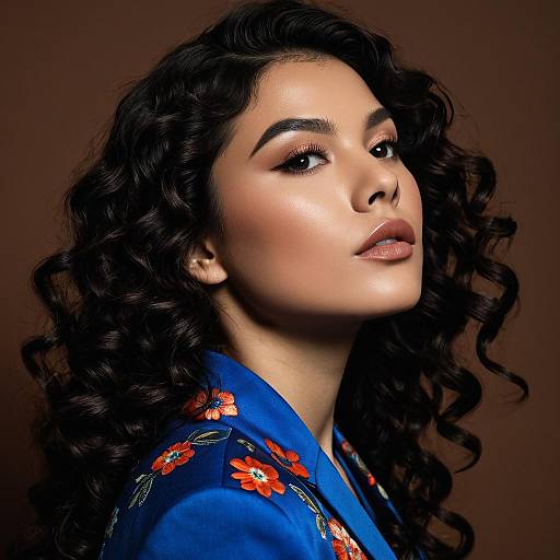 Photograph of a woman with curly black hair, wearing a blue floral robe, against a dark brown background, gazing slightly upward with subtle makeup and