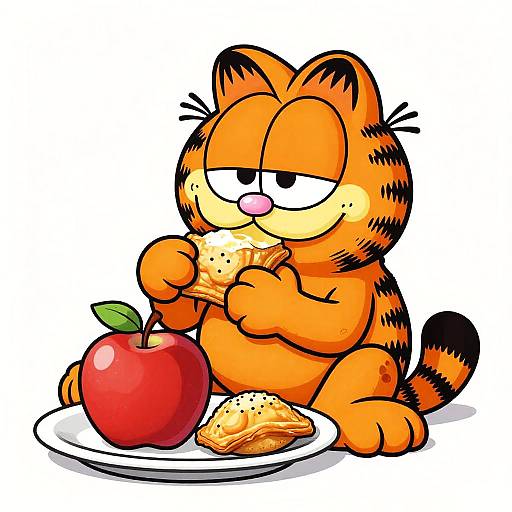 Cartoon-style drawing of Garfield, an orange tabby cat with black stripes, eating a sandwich while sitting with a red apple and another sandwich on