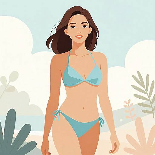 Pastel Foliage Woman in Blue Bikini