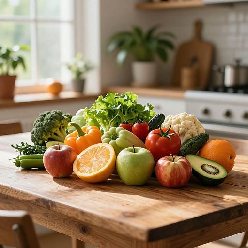 Photograph of a wooden kitchen table filled with colorful fresh vegetables and fruits, including broccoli, tomatoes, oranges, apples, and zucchini, in a