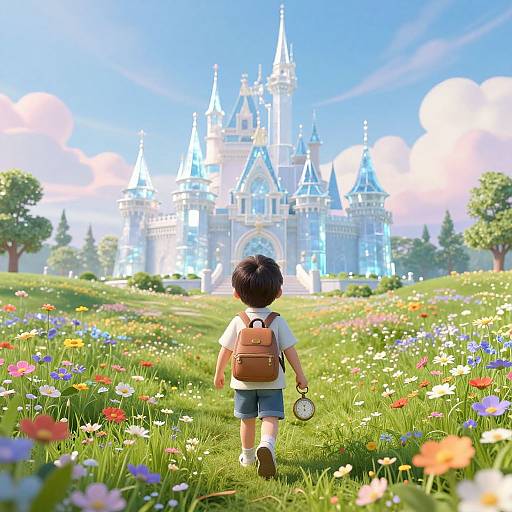 Digital artwork of a young boy with a brown backpack, walking towards a glowing, fairy-tale castle in a vibrant, flower-filled meadow under a