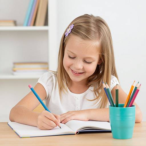 Cheerful Blonde Child Writing at Desk