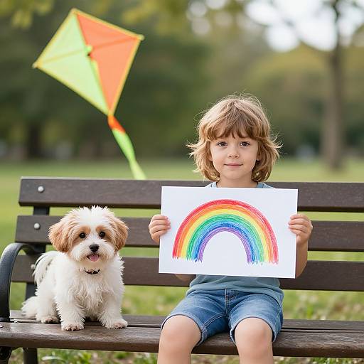 Photograph of a young boy with brown hair, holding a rainbow drawing, sitting on a bench with a white fluffy puppy, and an orange-yellow kite