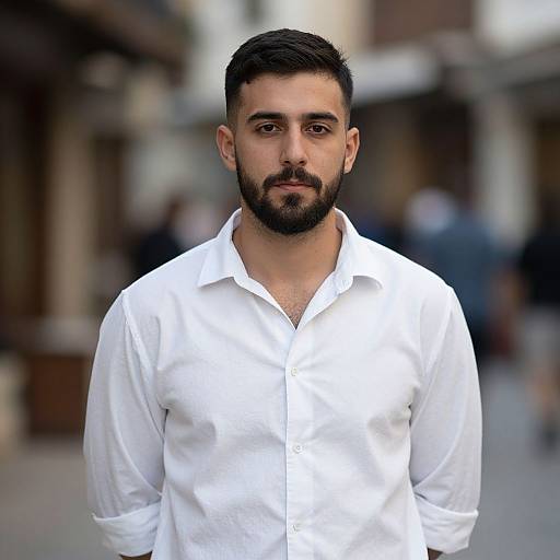 Photograph of a bearded man with dark hair, wearing a white button-down shirt, standing in a blurred urban street background.