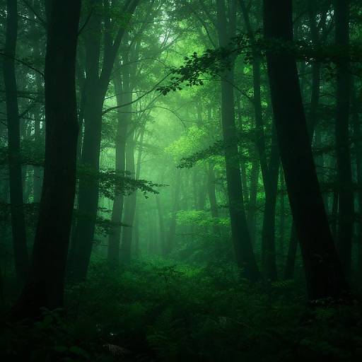 Photograph of a dense, misty forest with tall, dark trees and vibrant green foliage, creating an ethereal, almost magical atmosphere.