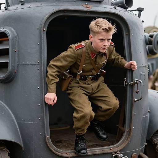 Photograph of a young, blonde-haired man in a brown World War II-era military uniform, exiting a dark, metal vehicle with a determined expression.