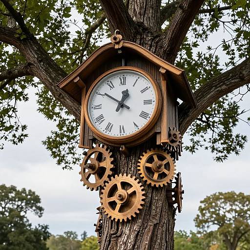 Photograph of a rustic, wooden clock with visible gears, mounted on a large tree trunk, surrounded by green leaves and blue sky.