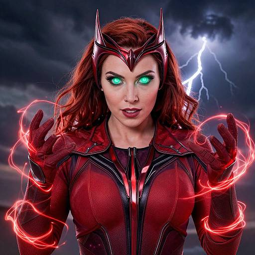 Photorealistic digital image of a red-haired woman with glowing green eyes, wearing a red and black armored suit with horned helmet, surrounded by red