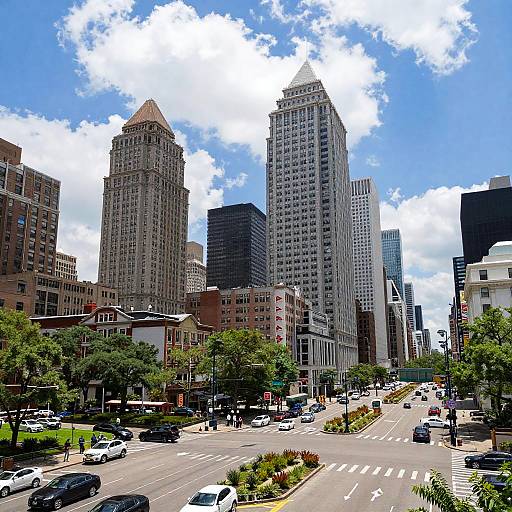 Photograph of a bustling urban street with tall, diverse skyscrapers under a bright blue sky with scattered clouds. Cars and pedestrians fill the street,