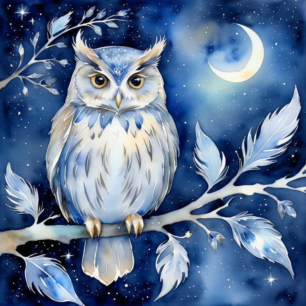 Ethereal Owl Watercolor Night Scene