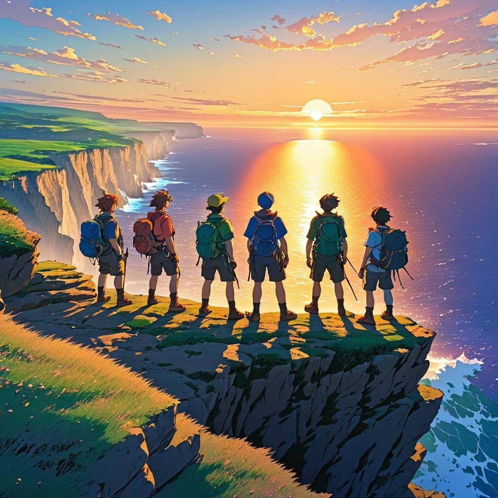 Adventurers on a Cliff at Sunset