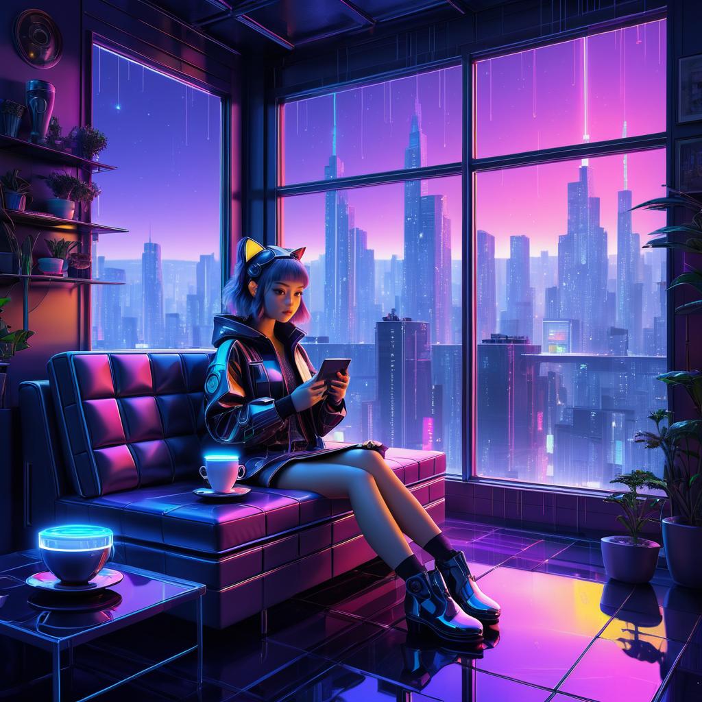 Futuristic Cozy Scene with Robotic Cat