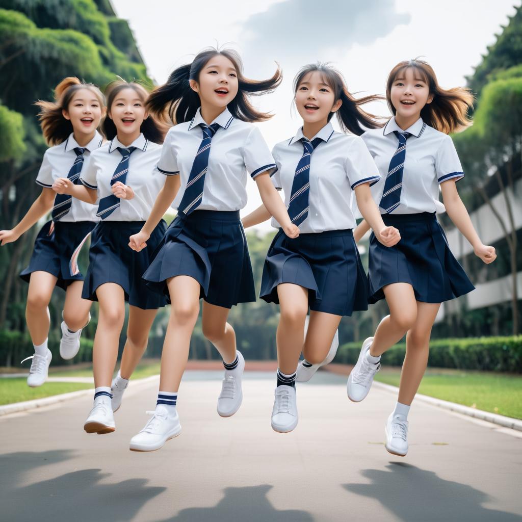 Joyful Schoolgirls Jumping in Unison