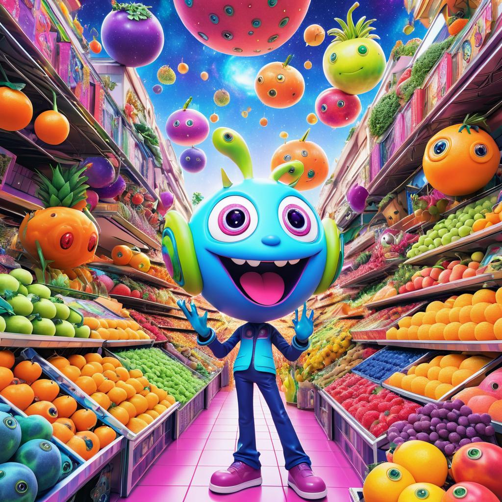 Whimsical Alien in Vibrant Bazaar Scene