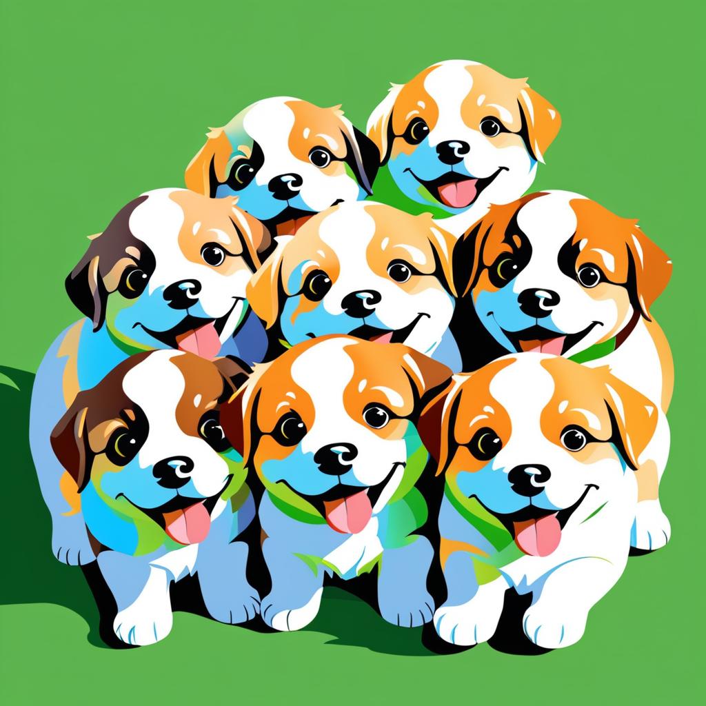 Joyful Illustration of Seven Happy Puppies