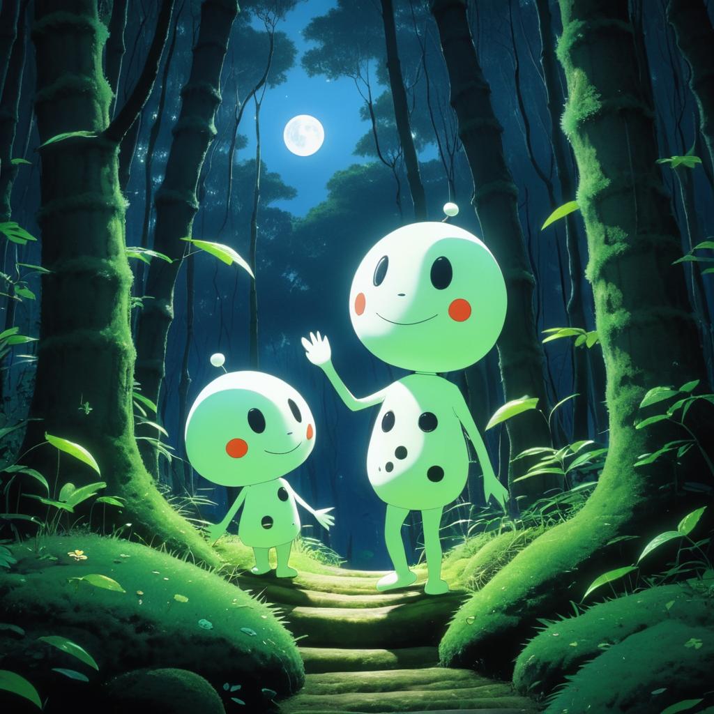 Kodama and Hiker in Moonlit Forest