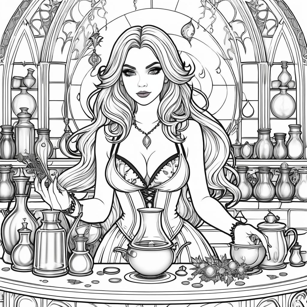 Gothic Witch Brewing Potions Coloring Page