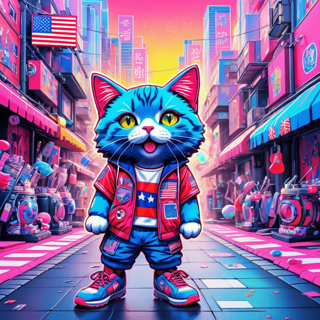 Vibrant Cat in Cyberpunk Festival