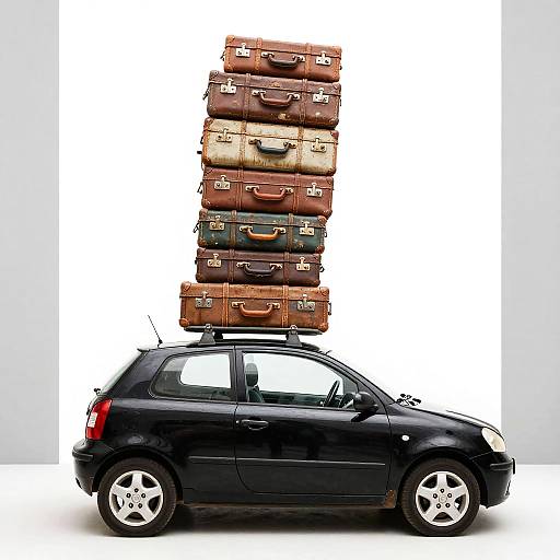 Black Compact Car with Stack of Vintage Suitcases