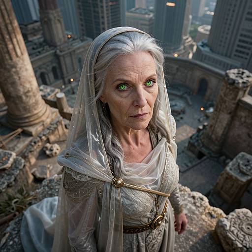 Digital artwork of an elderly woman with white hair, green eyes, and translucent veil, wearing ornate medieval attire, standing on a ruined cityscape with