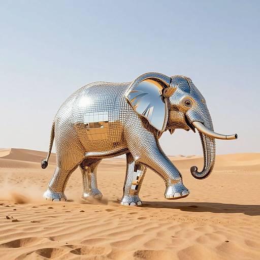 Photograph of a reflective, silver-tiled elephant walking in a sunlit, sandy desert with a clear blue sky in the background.