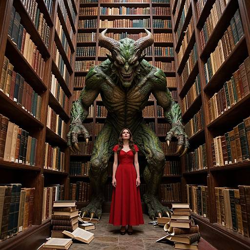 Photorealistic digital art: A tall, green-scaled, horned demon with sharp claws stands behind a woman in a red dress, surrounded by