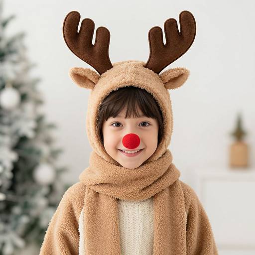 Girl in Reindeer Costume with Red Nose