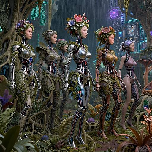 CGI sci-fi artwork: Five female humanoid robots with metallic bodies, floral headpieces, and leafy accents stand in a rainforest-like futuristic city