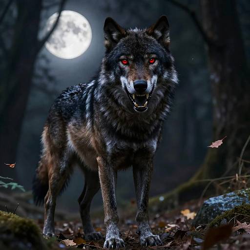 Angry Alpha Black Wolf in Moonlight
